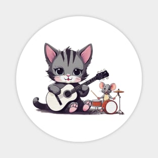 cute kitten playing the guitar with a cute little mouse playing the drum Magnet